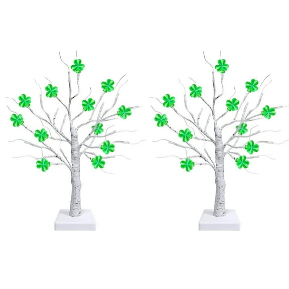 2 Pcs St. Patrick's Day Shamrock Lights Lighted Tree Artificial Tree Decor with LED Light Battery Powered Light up for Home Table Shelf Festival Party Decor