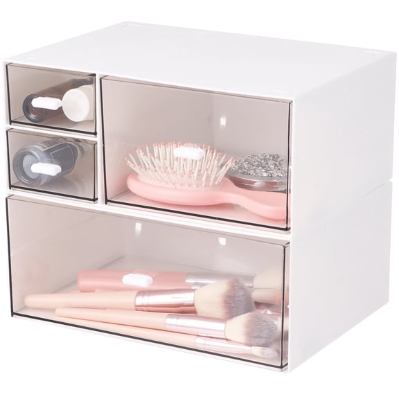 2 Pcs Stackable Acrylic Storage Drawers Set, White & Clear Makeup Organizer for Vanity, Single & 3-Grid Drawers, Space-Saving Design, 8.86 x 6.54 x 3.94 in