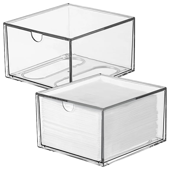 2 Pcs Stackable Acrylic Vanity Organizer Box, Wide Large Clear Cotton Pad Dispenser with Drawer and Easy Access Hole, Makeup Storage for Bathroom Countertop and Dresser