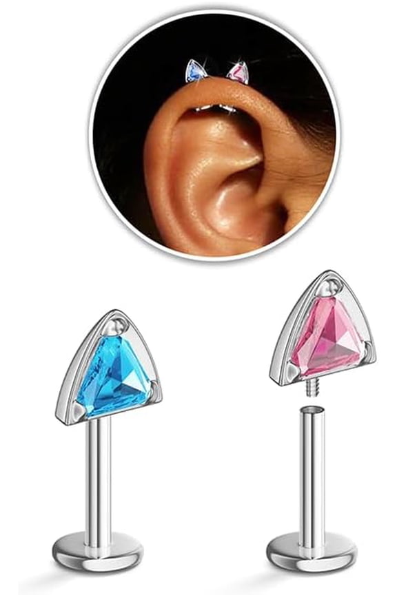2 Pcs Stackable Cat Stud Earrings for Women, Hypoallergenic G23 Titanium 16G Stainless Steel Helix Cartilage Earrings - Flat Back CZ Jewelry Gift for Sensitive Ears - 2 Colors