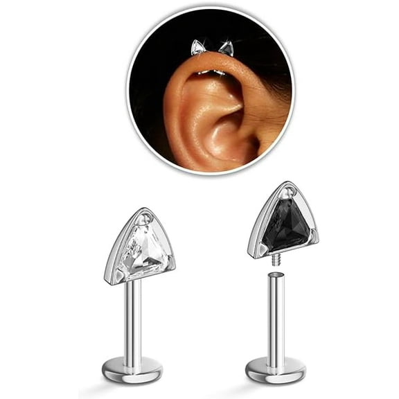 2 Pcs Stackable Cat Stud Earrings for Women, Hypoallergenic G23 Titanium 16G Stainless Steel Helix Cartilage Earrings - Flat Back CZ Jewelry Gift for Sensitive Ears - 2 Colors