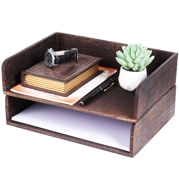 2 Pcs Stackable Desk Tray, 12.4 x 9.4 x 3.5 in Wood Document Organizer, Retro Brown Desktop Accessories with Open Front Design, Wooden Folder Organization Rack Desk Tray for Office, Home