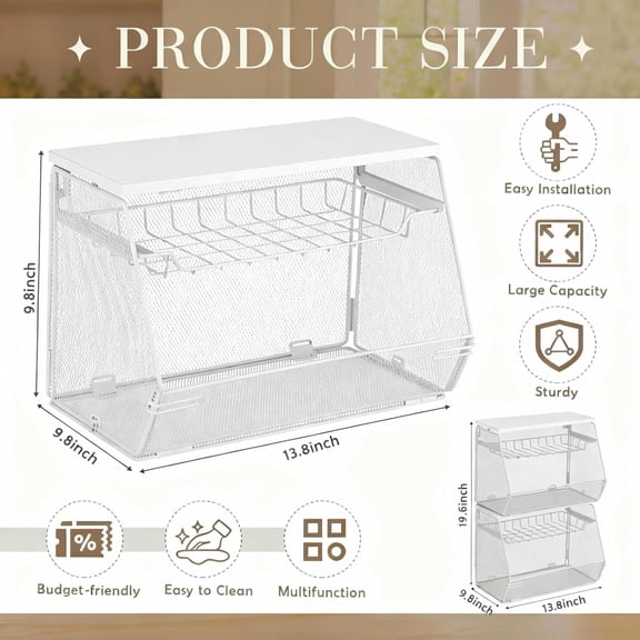 2 Pcs Stackable Fruit Basket with Lid for Kitchen Counter Storage Basket with Drawer Mesh Wall Hanging Wire Baskets with Lid Metal Vegetable Container for Kitchen 13.8 x 8.3 x 9.8''(White)