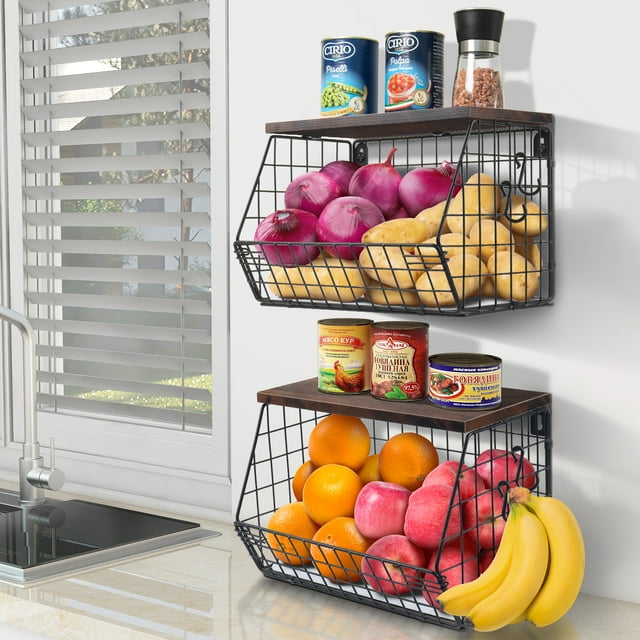 2 Stackable Fruit Baskets, Kitchen Counter Storage, Wire Organizer for Pantry, Veggies, Fruits