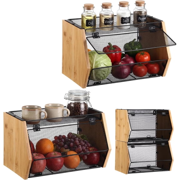 2 Pcs Stackable Mesh Fruit Basket with Lid, Wall Mounted Fruit Basket Snack Onion Potato Storage Container for Vegetable Produce Kitchen Counter Bathroom(Black)