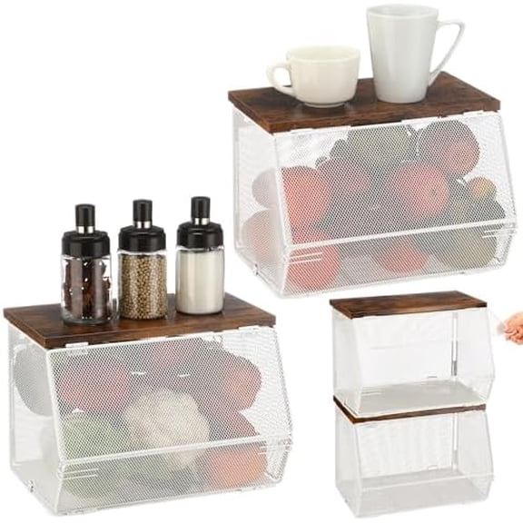 2 Pcs Stackable Mesh Fruit Basket with Lid Wall Produce Vegetable Storage Basket Onion Potato Hanging Metal Wire Container for Kitchen Counter Pantry(Non-removable,White,7.1"w & 11.8"l)