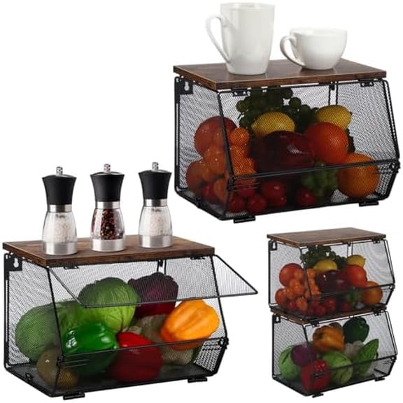 2 Pcs Stackable Mesh Fruit Basket with Lid Wall Produce Vegetable Storage Basket Onion Potato Hanging Metal Wire Container for Kitchen Counter Pantry(Non-removable,Black,7.1"w & 11.8"l)