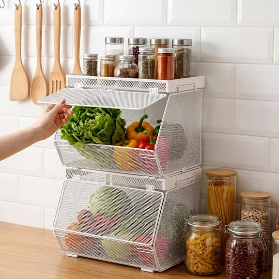 2 Pcs Stackable Mesh Fruit Basket with Lid Wall Produce Vegetable Storage Onion Potato Hanging Metal Wire Container for Kitchen Counter Pantry (Removable, White, 7.1"w & 11.8"l)