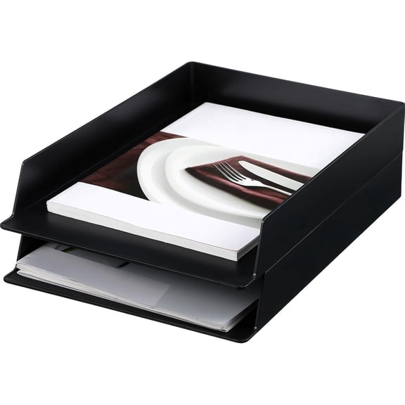 2 Pcs Stackable Paper Trays Rectangular Plastic Desk Holder Desktop Document File Organizer Storage Letter for Office Classroom (Black)