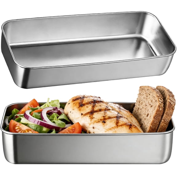 2 Pack Stainless Steel Baking Pan, 13.2x6.1x2.4" Rectangular Metal Food Storage Box, Thickened One-Piece Seamless Rustproof Tray, Easy Clean, for Oven Baking, Freezing & Meal Prep