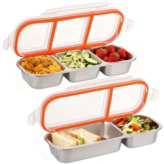 2 Pcs  Stainless Steel Snack Box Set  304 Steel Interior, 2-Compartment (23.7 oz) & 3-Compartment (20.3 oz), Leakproof Divided Lunch Containers with Secure Locks, Portable for Adults, Work & Travel