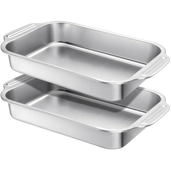2 Pcs Stainless Steel Cake Pans, Rectangular Baking Pans, Cake Baking Trays with Double Handle, Non-Stick Bread Loaf Pans, Rectangle Baking Bakeware for Breads, Meats, Vegetables