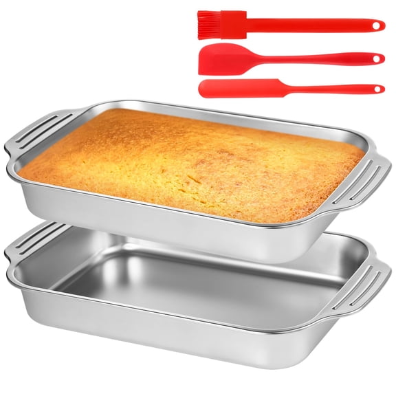 2 Pcs Stainless Steel Cake Pans, Rectangular Baking Pans, Cake Baking Trays with Double Handle, Non-Stick Bread Loaf Pans, Rectangle Baking Bakeware for Breads, Meats, Vegetables