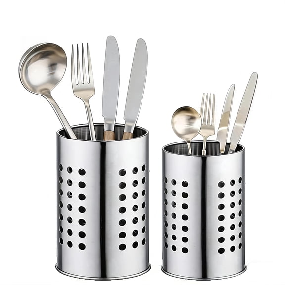 2 Pcs Metal Utensil Holder，Practical Rack for Chopstick Spoon Fork Silverware Straw Cutlery Home Kitchen Use，Stainless Steel Utensil Holder
