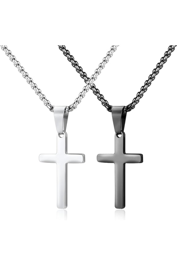 2 Pcs Stainless Steel Cross Necklace Cross Pendant Necklace Rock Punk Chain Necklace for Men Women Silver Black