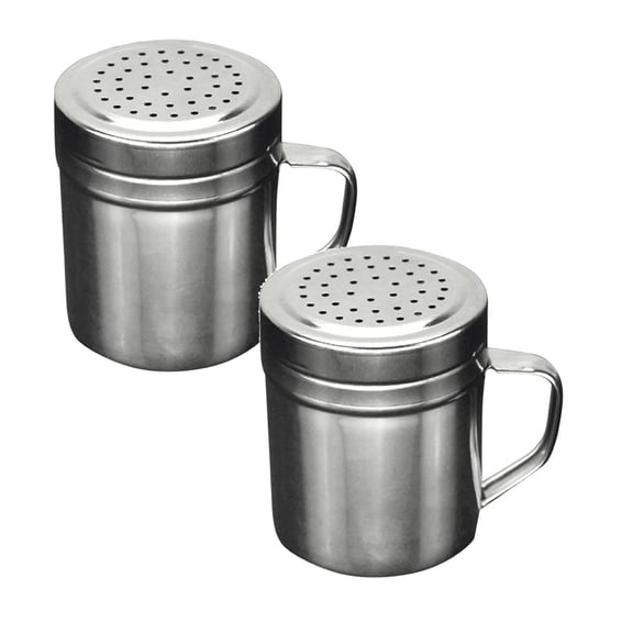 2 Pcs Stainless Steel Dredge, Silver Salt Pepper Dredge Shaker with Handle, Heavy Duty Metal Seasonings Spice Shaker for Home Kitchen Cooking Barbecue Use, 2.76x3.54 inch