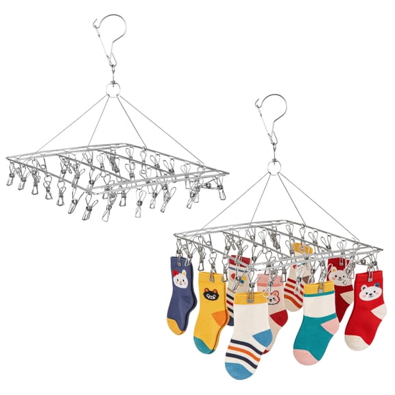 2 Pcs Stainless Steel Drying Racks with 40 Clips, 14.2 x 11 in Square Sock Hanger with Long-Lasting Clips, Windproof Hook for Drying Socks, Underwear, Towels, and Other Small Items