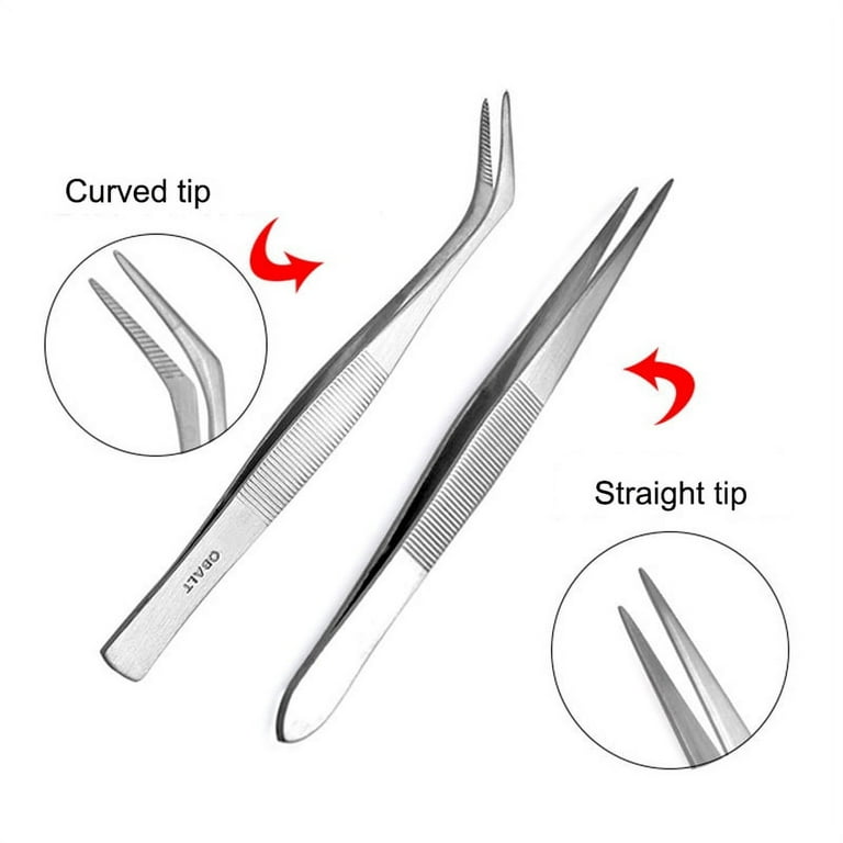 2Pcs Professional Stainless Steel Dental Forceps Tweezers Straight and  Curved Tip Precision Eyebrow and Splinter Removal Tweezers