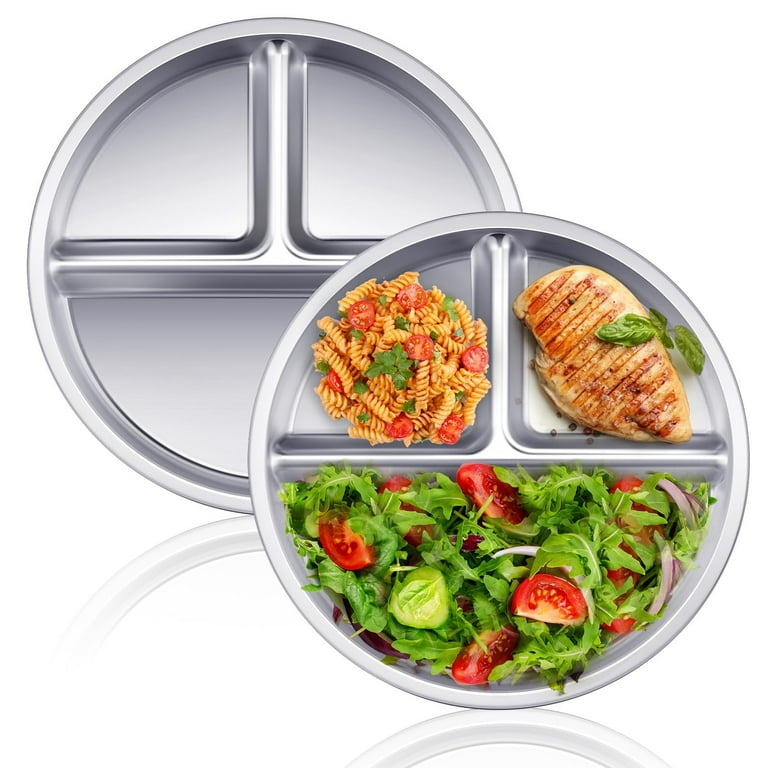 Set Of 4 Stainless Steel Divided Plates, 9-Inch 3-Compartment Unbreakable Portion Control Trays For Kids & Adults, Great For Camping & Healthy Meals