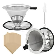 2 Pcs Stainless Steel Pour Over Coffee Dripper Double Layer Mesh Filter Cup Stand Home Office Use, Stainless Filter Cup, Stainless Coffee Dripper with Filter Paper and Cleaning Brush (3.9*3.34)