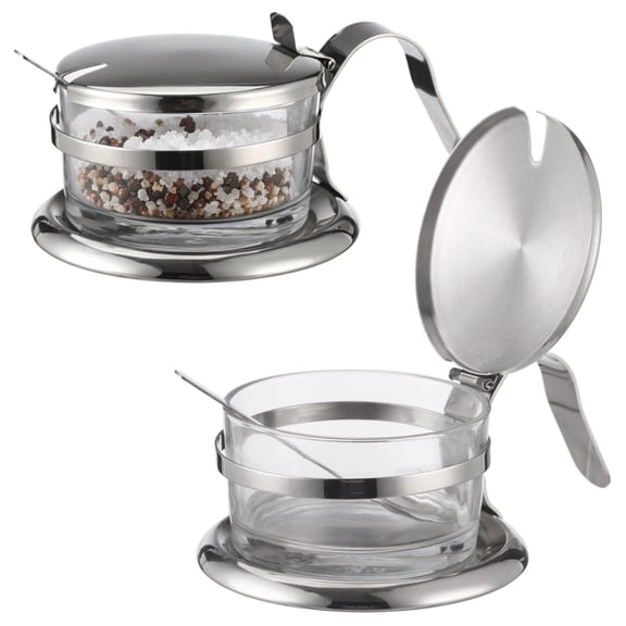 2 Pcs Stainless Steel Salt Server Set with Spoon, Glass Seasoning Jar with Flip Lid, Elegant Sugar Pepper Container for Kitchen Countertop, Heavyweight Container for Home Baking
