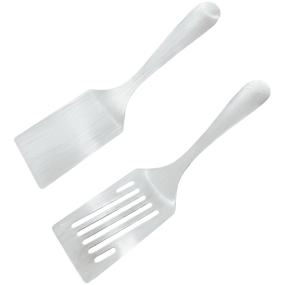 2 Pcs Stainless Steel Spatula Set, Flat & Slotted Turner with Ergonomic Flat Handle, Metal Griddle Scraper for Grilling, Baking, Frying, Teppanyaki, 10.2 x 2.8 in