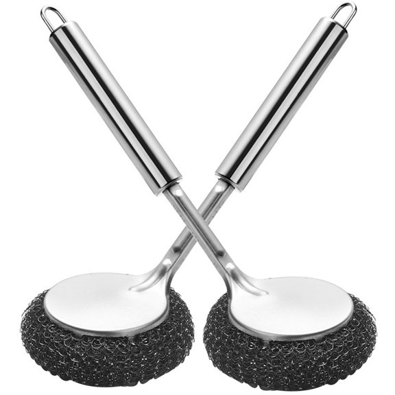 2 Pcs Stainless Steel Sponges Scrubbers,Bexikou Metal Cleaning Ball with Long Handle,Metal Scrubber Scouring Pads Ball for Pot Pan Dish Wash Cleaning for Removing Rust Dirty Cookware Cleaner