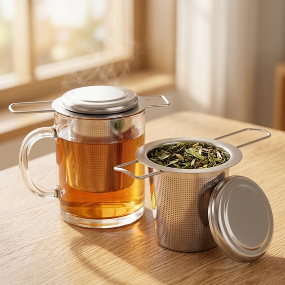 2 Pcs Tea Strainers for Loose Tea,Stainless Steel Tea Infuser Steeper Strainer with Foldable Handle and Lid Reusable,for Hanging on Teapots, Mugs, Cups to Steep Loose Leaf Tea and Coffee