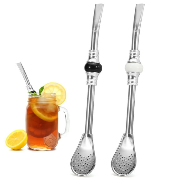 2 Pcs Stainless Steel Yerba Mate Straw, Reusable Bombilla Mate Spoon Straws, 7.4 Inch Long Tea Coffee Filter Straw for Loose Tea Cocktail (Black & White Bead)