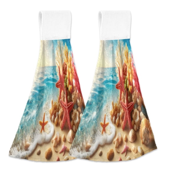 2 Pcs Starfish Coral Seashell Beach Sea Kitchen Hand Towels with Hanging Loops Absorbent Soft Fast Drying Decor Bath Towels