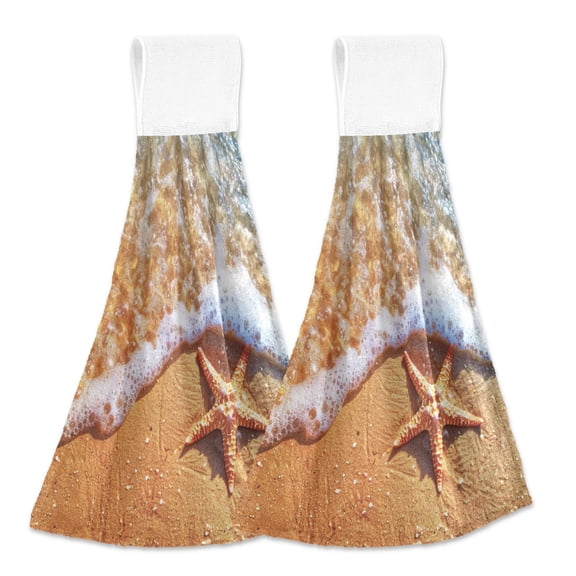 2 Pcs Starfish on Beach Kitchen Hand Towels with Hanging Loops Absorbent Soft Fast Drying Decor Bath Towels