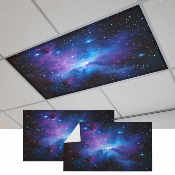 2 Pcs Starry Sky Fluorescent Light Covers Dark Blue and Purple Space Stars Mystery Universe Magnetic Light Covers for Ceiling Lights 4 x 2 ft Drop Ceiling Lights Cover Shade for Office, Home