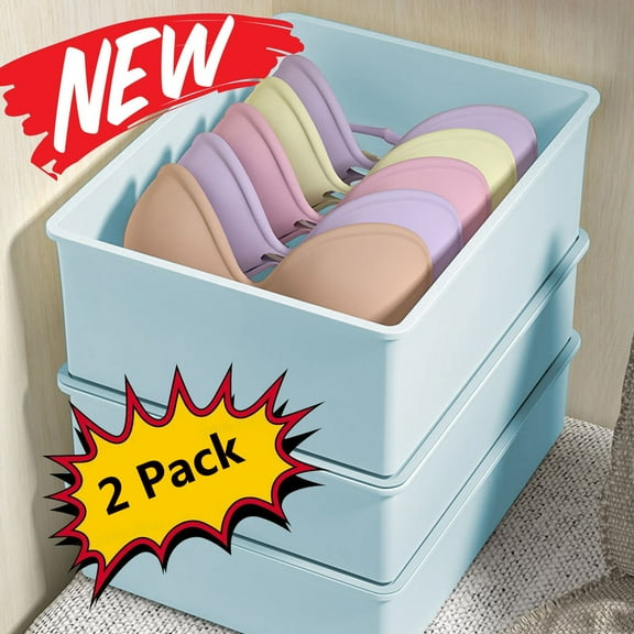 2 Pcs Storage Bins with Lids Small Plastic Storage Containers Stackable Storing Home Underwear Storage Box, Drawer Divider Compartment for Bras, Panties, & Socks, Closet Clothing Organizer, Blue