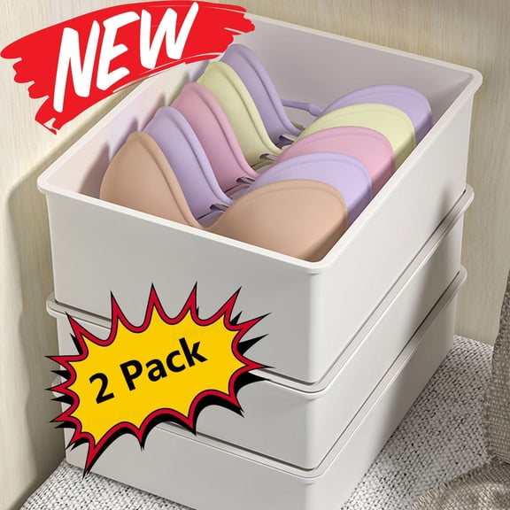 2 Pcs Storage Bins with Lids Small Plastic Storage Containers Stackable Storing Home Underwear Storage Box, Drawer Divider Compartment for Bras, Panties, & Socks, Closet Clothing Organizer, White