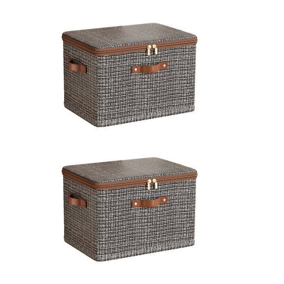 2 Pcs Storage Bins with Zipper Lid Cotton Linen Fabric Lidded Storage Baskets Boxes Foldable Washable Closet Shelf Clothes Organizer Container with Leather Handles (Gray)