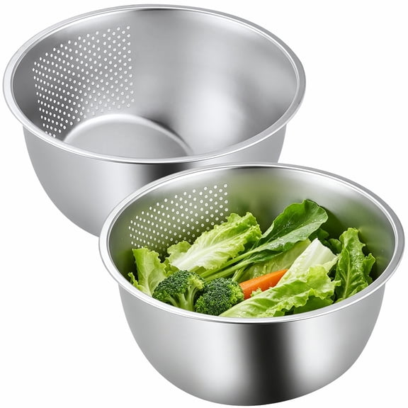 2 Pack Stainless Steel Strainer Bowl Set – 8.3" x 6.3" Rice Washer & Colander, Thickened Drainer with Sloped Bottom & Side Drainage, for Washing Fruits, Vegetables & Grains