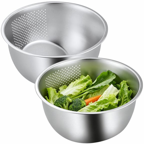2 Pack Stainless Steel Strainer Bowl Set, 8.3x6.3" Rice Washer & Colander with Side Drainage, Sloped Bottom, Non-Slip Interior, Versatile for Fruits, Veggies, Grains