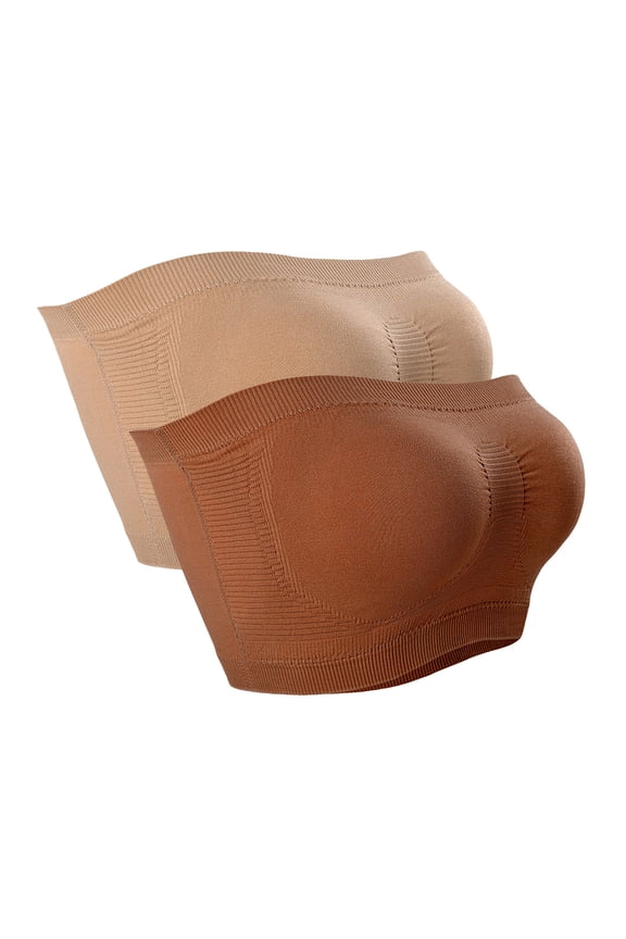 2 Pcs Strapless Wireless Bras for Women Comfort Bandeau Ribbed Tube Top Bralette Stretch Full Coverage Padded Push Up Bra, Brown