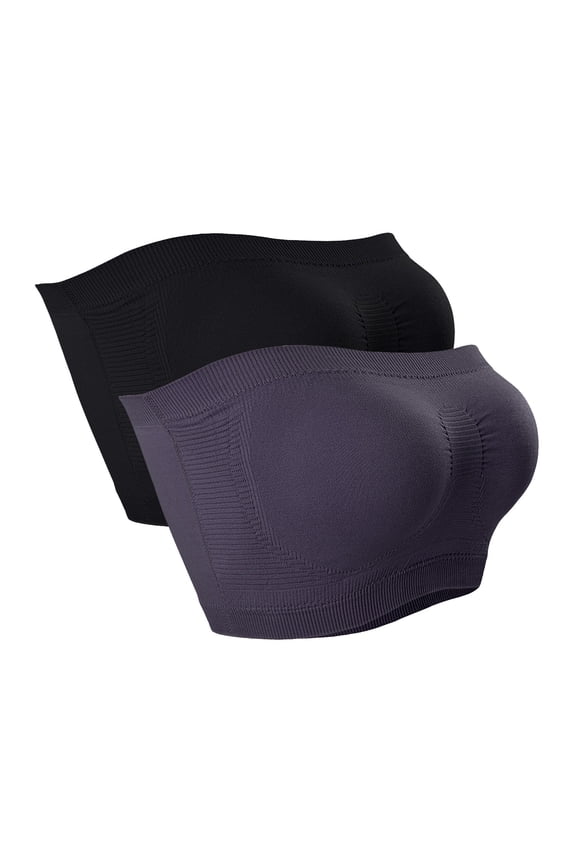 2 Pcs Strapless Wireless Bras for Women Comfort Bandeau Ribbed Tube Top Bralette Stretch Full Coverage Padded Push Up Bra, Gray