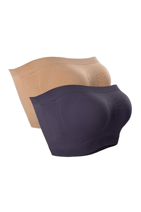 2 Pcs Strapless Wireless Bras for Women Comfort Bandeau Ribbed Tube Top Bralette Stretch Full Coverage Padded Push Up Bra, Gray