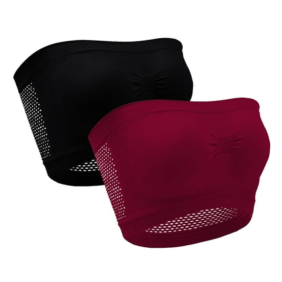 2 Pcs Strapless Wireless Bras for Women Plus Size Bandeau Hollow Back Tube Top Bralette Comfort Full Coverage Push Up Bra, Wine