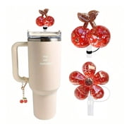 2 Pcs Straw Cover for 30 oz&40oz Cup 10mm 0.4in Cherry Flower Shape Silicone Straw Topper With Charms for Tumbler