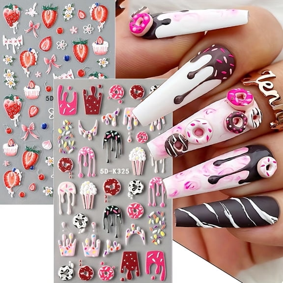 2 Pcs Strawberry Donut Nail Art Stickers - Glossy Self-Adhesive Nail Wraps for Summer Manicure