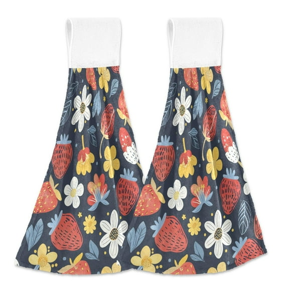 2 Pcs Strawberry Leaf Daisies Kitchen Hand Towels with Hanging Loops Absorbent Soft Fast Drying Decor Bath Towels