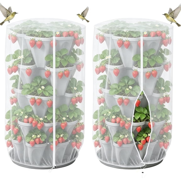 2 Pcs Strawberry Planter Net Cover, 39.6 x 32.4 Inch Garden Netting with Zipper 5 Tier Vertical Plant Pot Stackable Planter Insect Net Cover Bird Barrier Protection Mesh for Tomato Flower