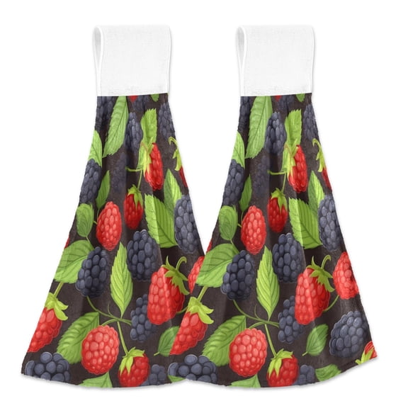 2 Pcs Strawberry and Blackberry Fruit Kitchen Hand Towels with Hanging Loops Absorbent Soft Fast Drying Decor Bath Towels