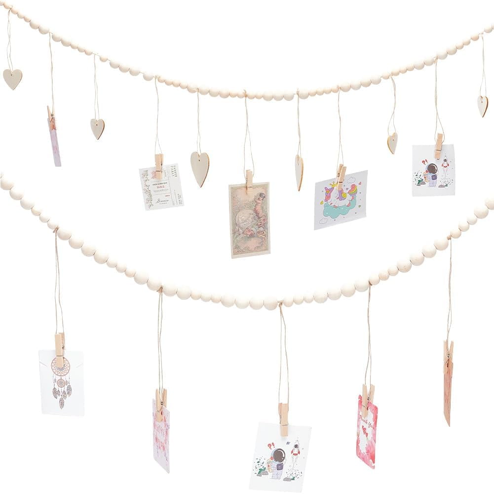 2 Pcs 2 Styles Boho Hanging Photo Display Wooden Photo Clips String