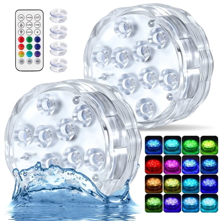 2 Pcs Submersible LED Lights with Remote Control - IP68 Waterproof Underwater Pond Lights - Battery Operated Multicolor RGB Tea Lights for Pool, Aquarium, Vase, Hot Tub, Party Decoration