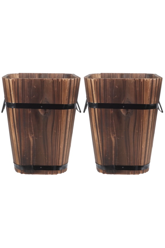 2pcs Wooden Bucket Planters Pot Rustic Barrels Wood Flower Pot Balcony Flower Holder Garden Container Box Home Desktop Decoration