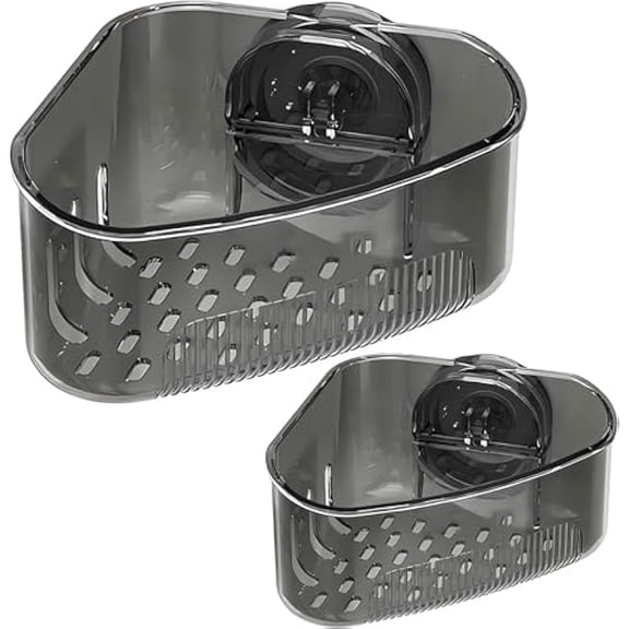 2 Pack Suction Cup Sink Corner Rack – Kitchen Sponge Holder & Strainer Basket, Transparent Black, Drainage Holes, Space-Saving, Tool-Free Installation